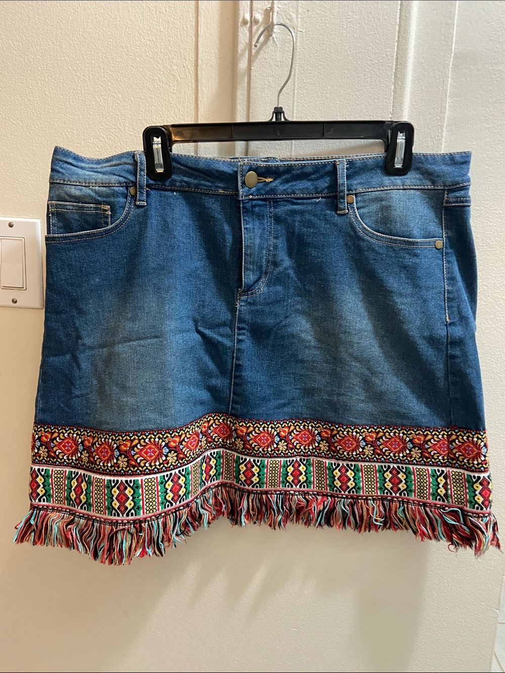 Denim Mini Skirt with Multicolor Embroidered Fringe Trim